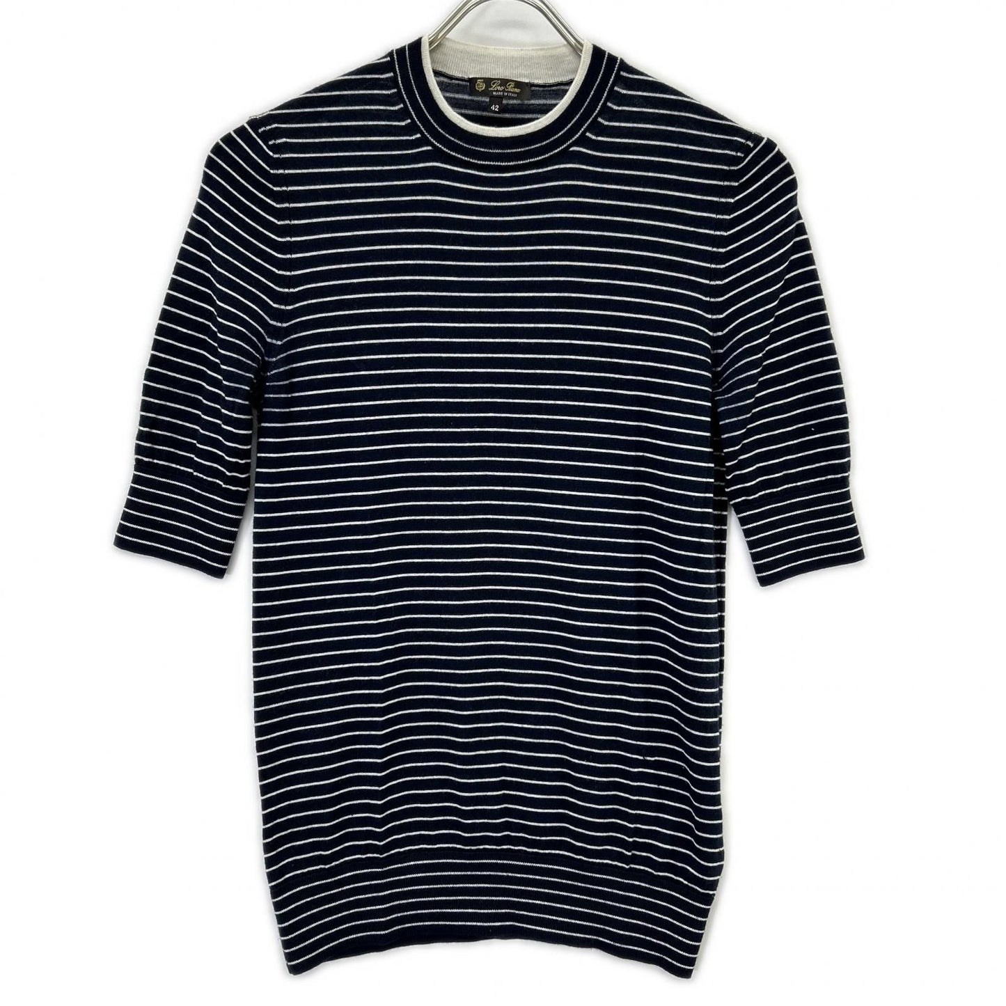 Loro Piana Navy White Border Cashmere Silk Half Sleeve Knit 42 Sweater