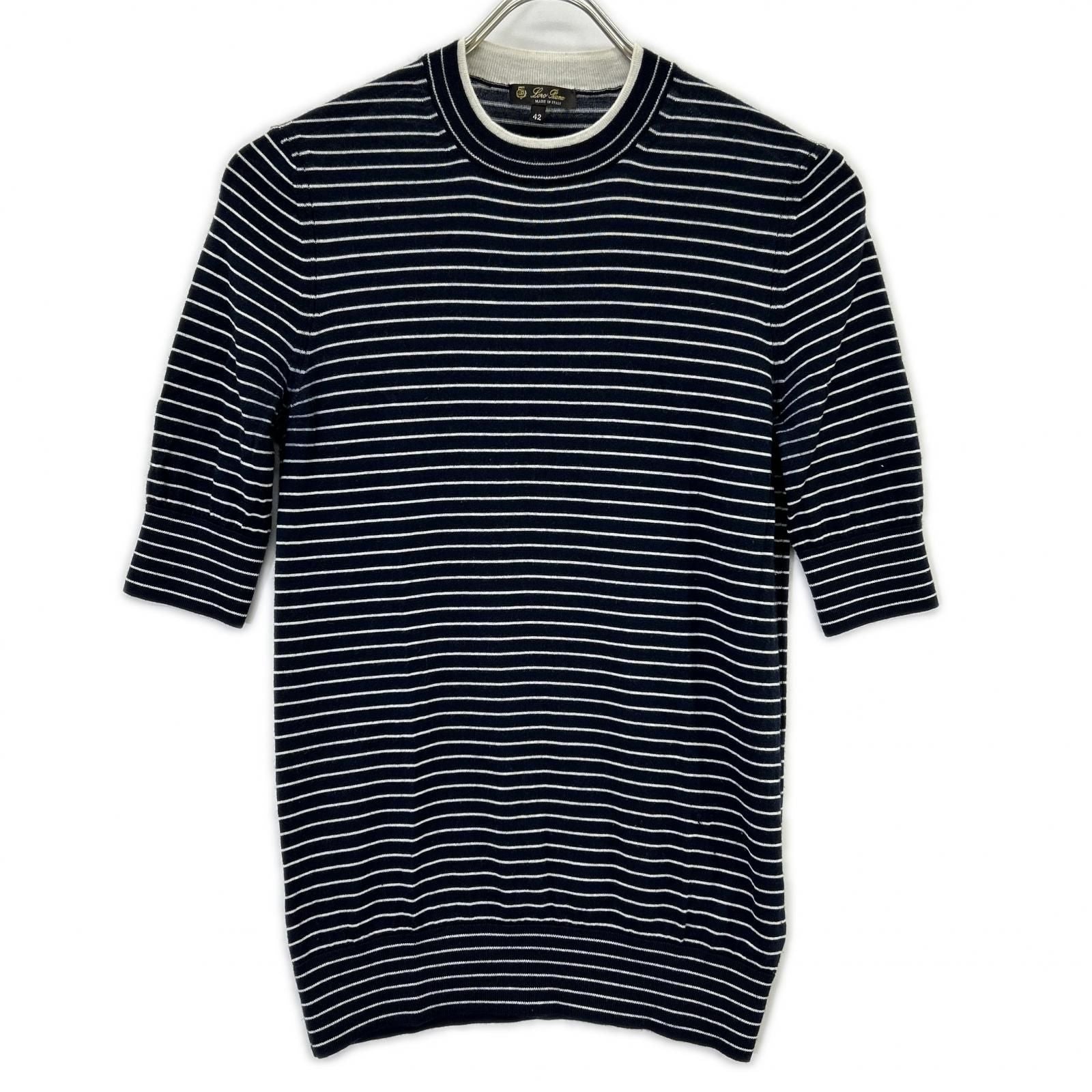 Loro Piana Navy White Border Cashmere Silk Half Sleeve Knit 42 Sweater