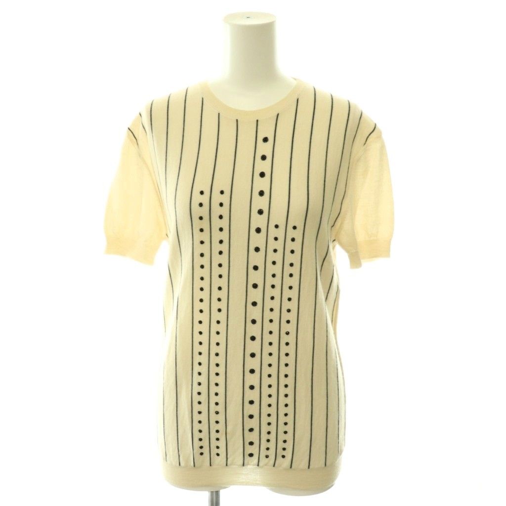 Dior Cashmere Silk Blend Beaded Embroidery Half Sleeve Knit Top Striped Short