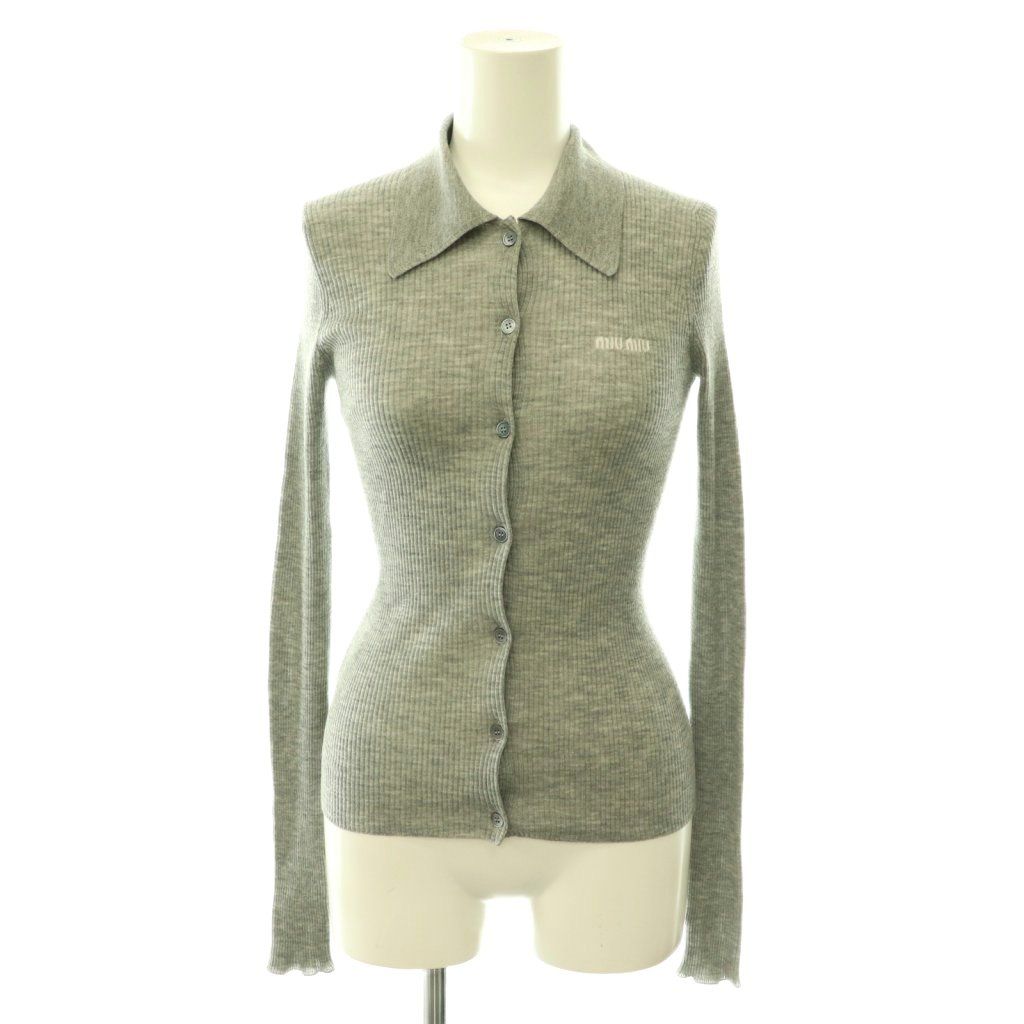 Miu Miu Miu Cashmere Silk Logo Cardigan Knit Rib 36 Gray CX