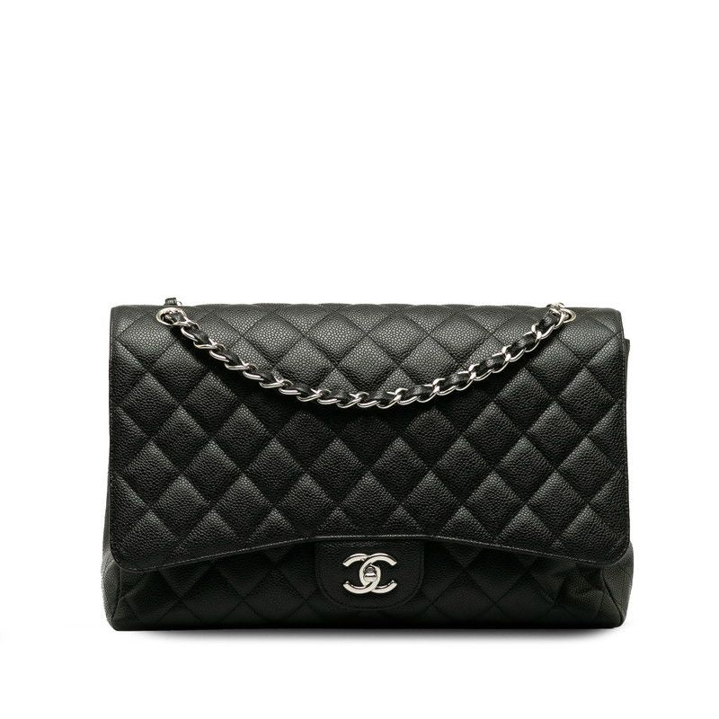 Chanel Quilted CC Logo Chain Shoulder Bag Black Silver Caviar Leather