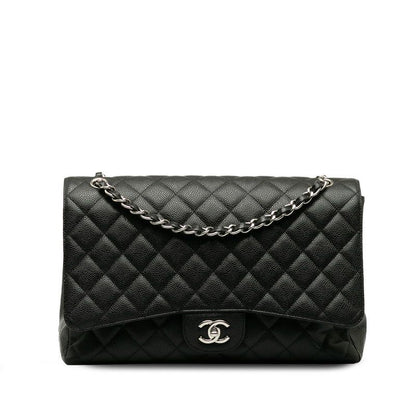 Chanel Quilted CC Logo Chain Shoulder Bag Black Silver Caviar Leather
