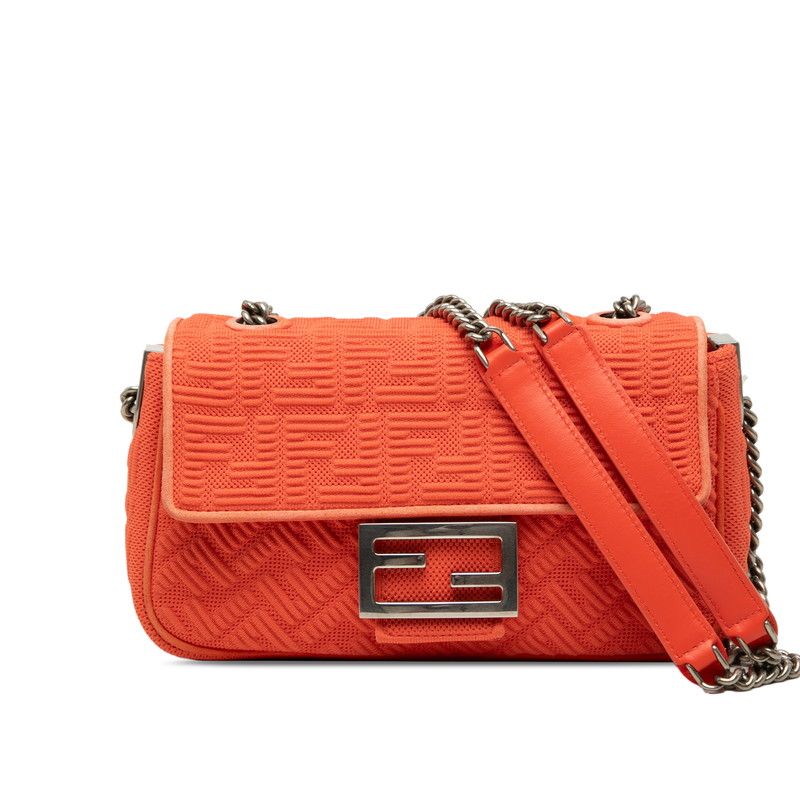 Fendi Zucca Baguette Chain Midi Crossbody Shoulder Bag Red Suede Fabric