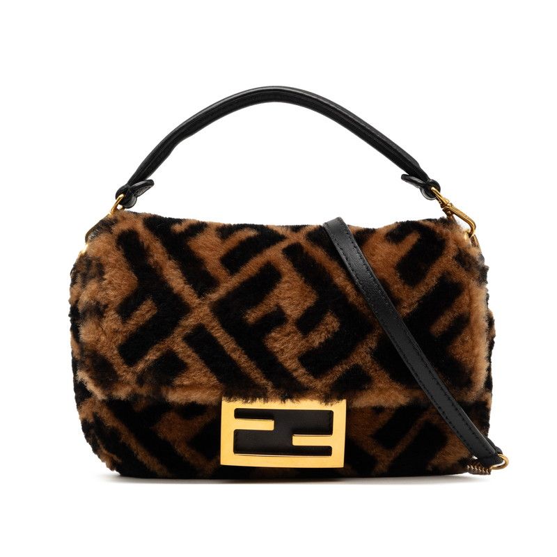 Fendi Zucca Baguette Mini 2-Way Shoulder Bag Brown Shearling Leather