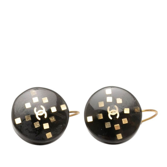 Chanel CC Logo Round Earrings 01 Gold Black Plated Plastic