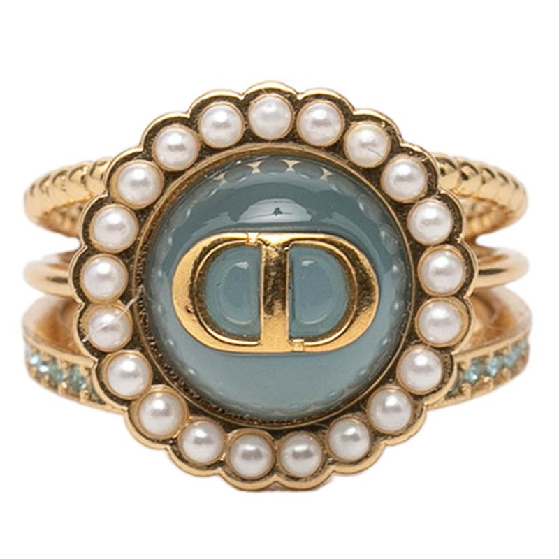 Dior Baroque Ring CD Logo S Gold Plated Rhinestone Faux Pearl