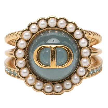 Dior Baroque Ring CD Logo S Gold Plated Rhinestone Faux Pearl