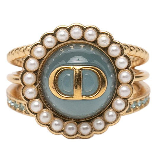 Dior Baroque Ring CD Logo S Gold Plated Rhinestone Faux Pearl