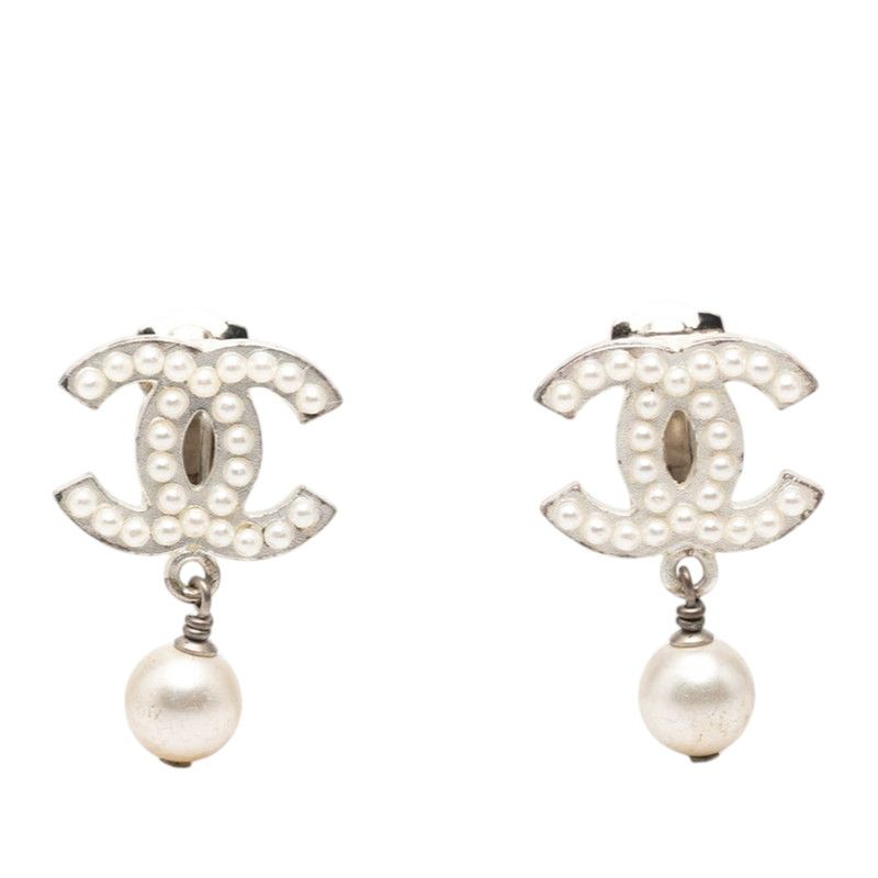 Chanel CC Logo Swing Earrings 03 Silver Metal Faux Pearl