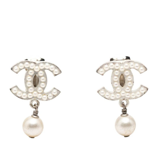Chanel CC Logo Swing Earrings 03 Silver Metal Faux Pearl