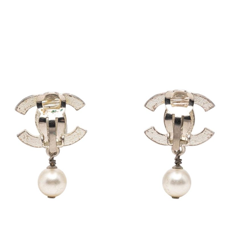 Chanel CC Logo Swing Earrings 03 Silver Metal Faux Pearl — view 2