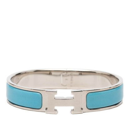 Hermes Click PM Logo Enamel Bracelet Bangle Silver Blue Metal