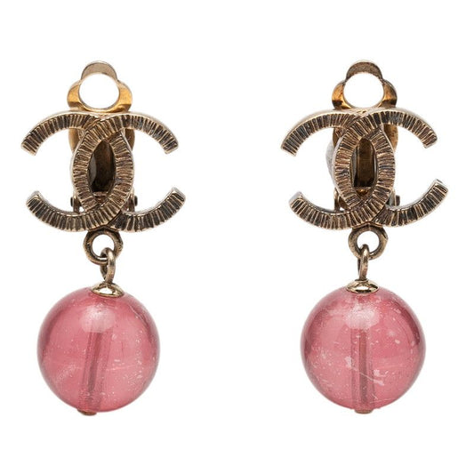 Chanel CC Logo Swing Earrings 10 Gold Pink Metal Plastic