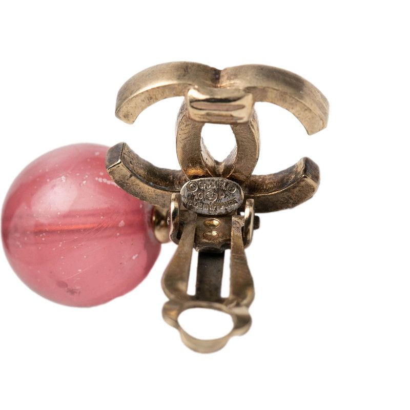 Chanel CC Logo Swing Earrings 10 Gold Pink Metal Plastic — view 3