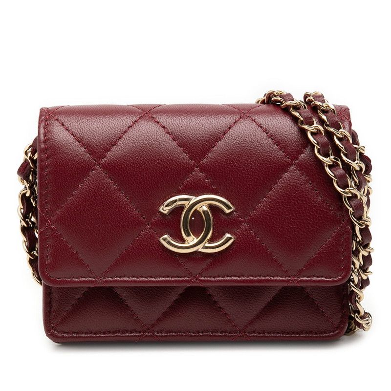 Chanel CC Logo Quilted Chain Mini Shoulder Bag Wallet Bordeaux Lambskin