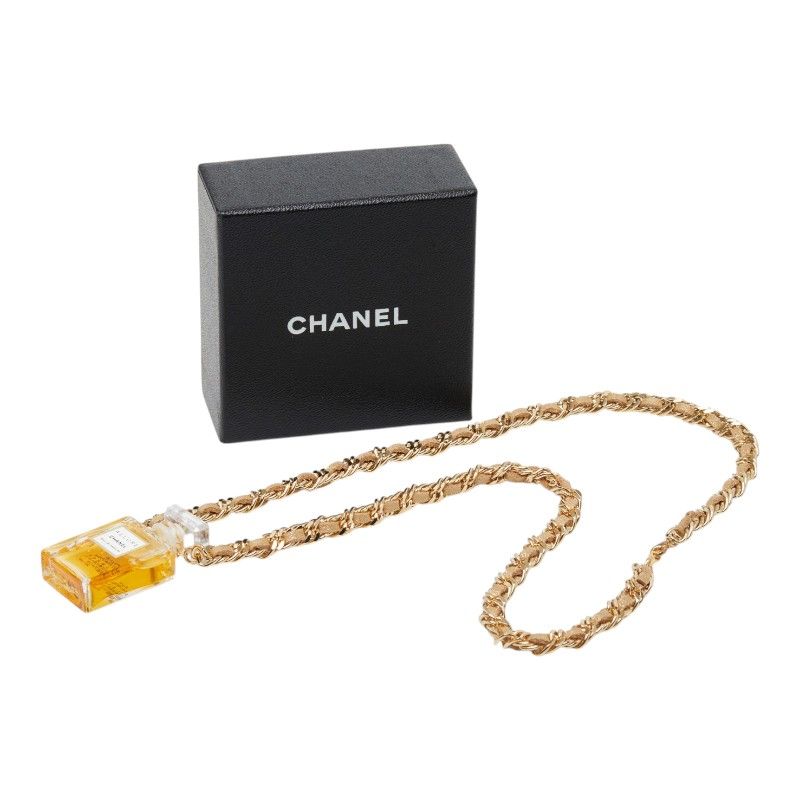 Chanel Allure Perfume Bottle Chain Necklace Gold Plated Leather — view 6