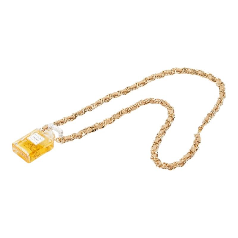 Chanel Allure Perfume Bottle Chain Necklace Gold Plated Leather — view 3