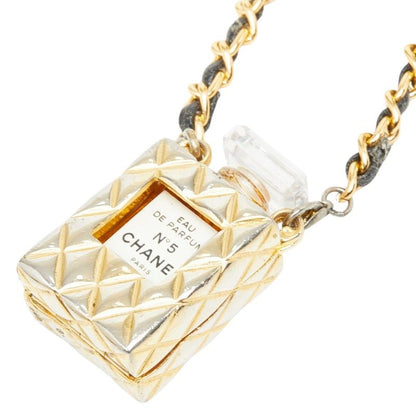 Chanel Perfume Bottle Chain Pendant Quilted Case Gold Black Plated