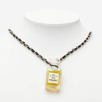 Chanel Perfume Bottle Chain Necklace Gold Black Plated Leather — view 5