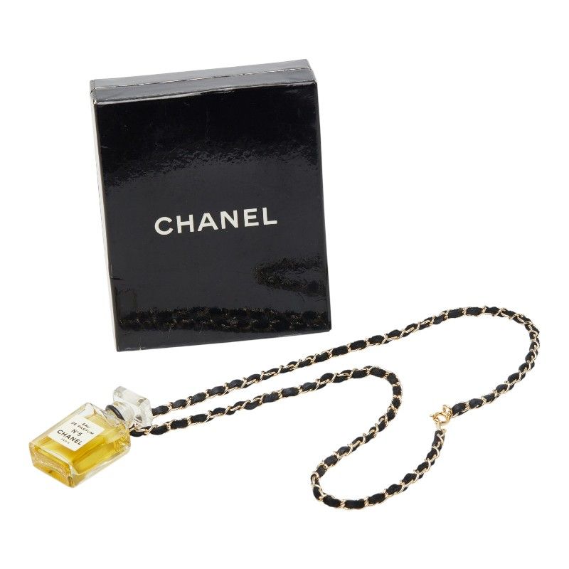 Chanel Perfume Bottle Chain Necklace Gold Black Plated Leather — view 6