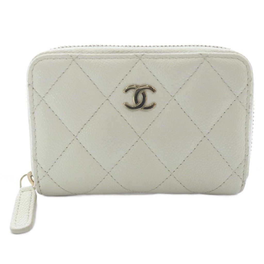Chanel Quilted Classic Zip Coin Purse CC Logo Caviar Leather White