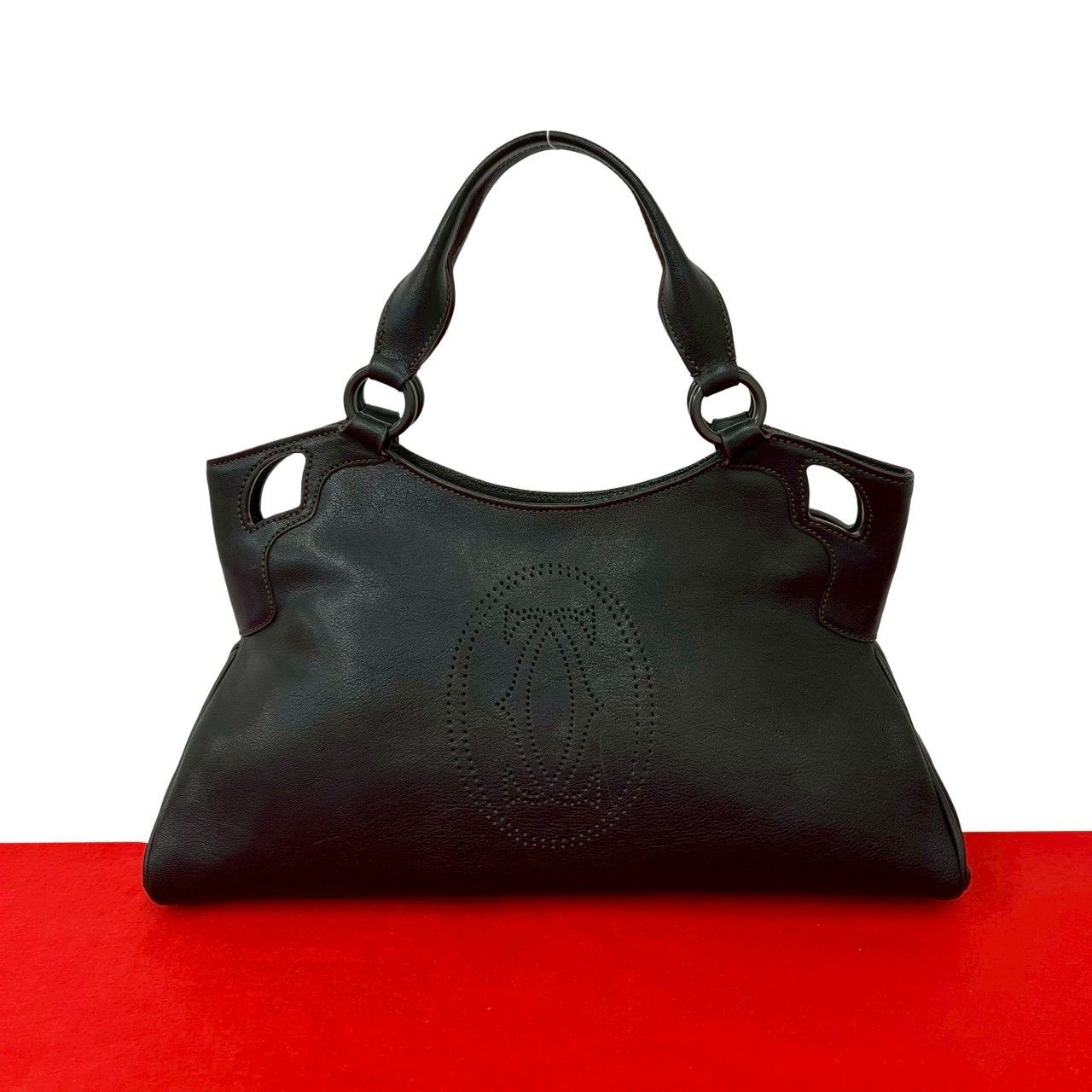 Cartier Marcello Perforated Leather Tote Mini Boston Bag Black