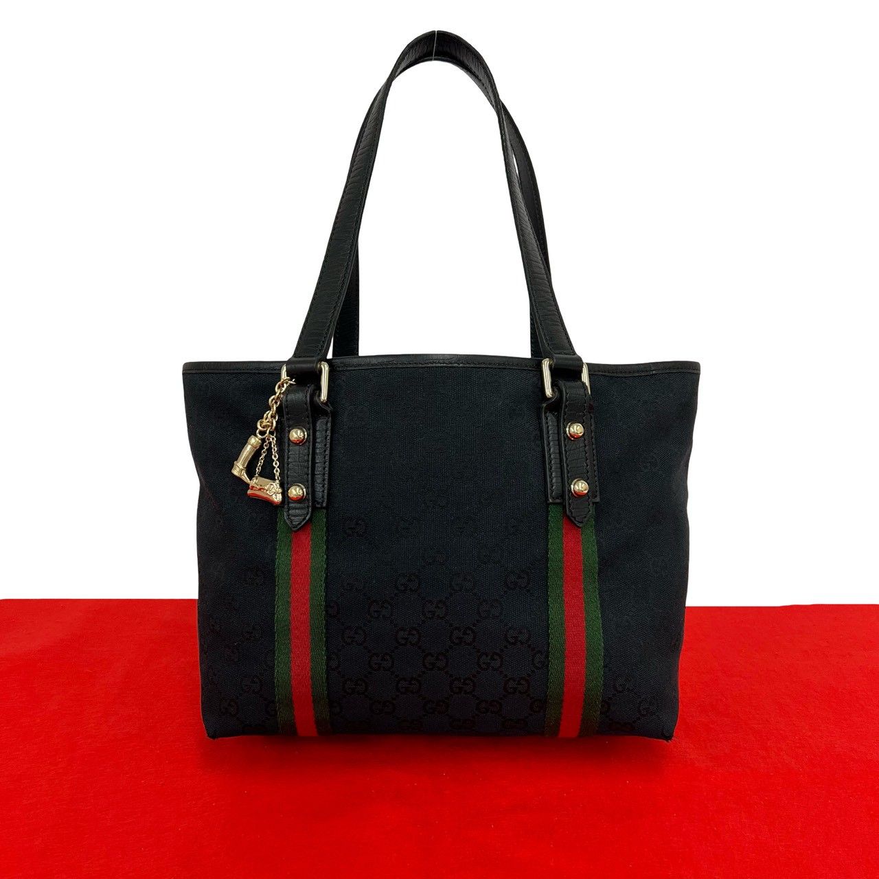 Gucci Sherry Line GG Logo Pattern Canvas Leather Tote Black Red Green