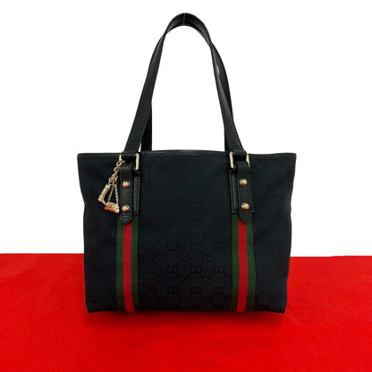 Gucci Sherry Line GG Logo Pattern Canvas Leather Tote Black Red Green