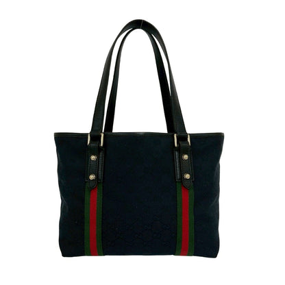 Gucci Sherry Line GG Logo Pattern Canvas Leather Tote Black Red Green — view 3
