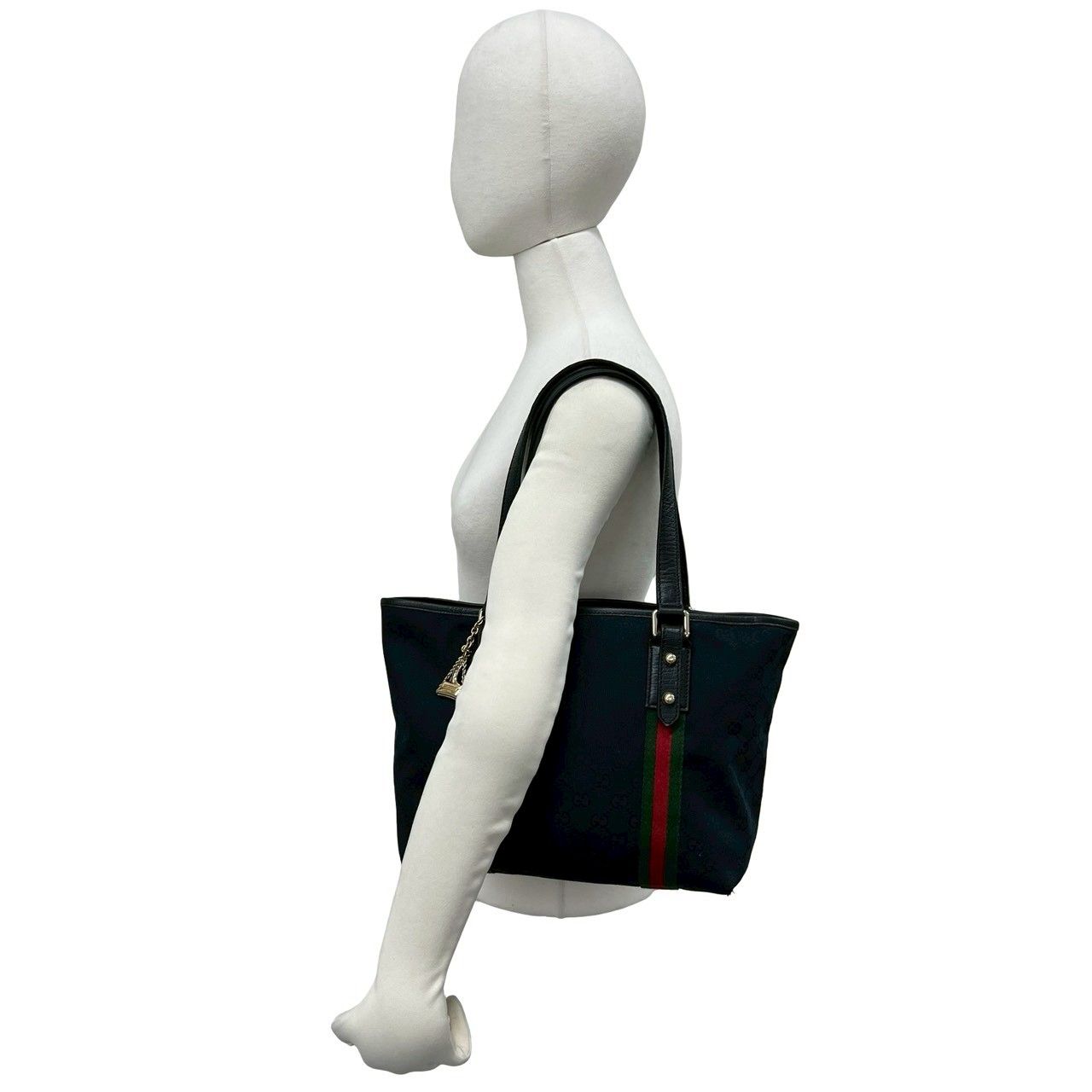 Gucci Sherry Line GG Logo Pattern Canvas Leather Tote Black Red Green — view 2