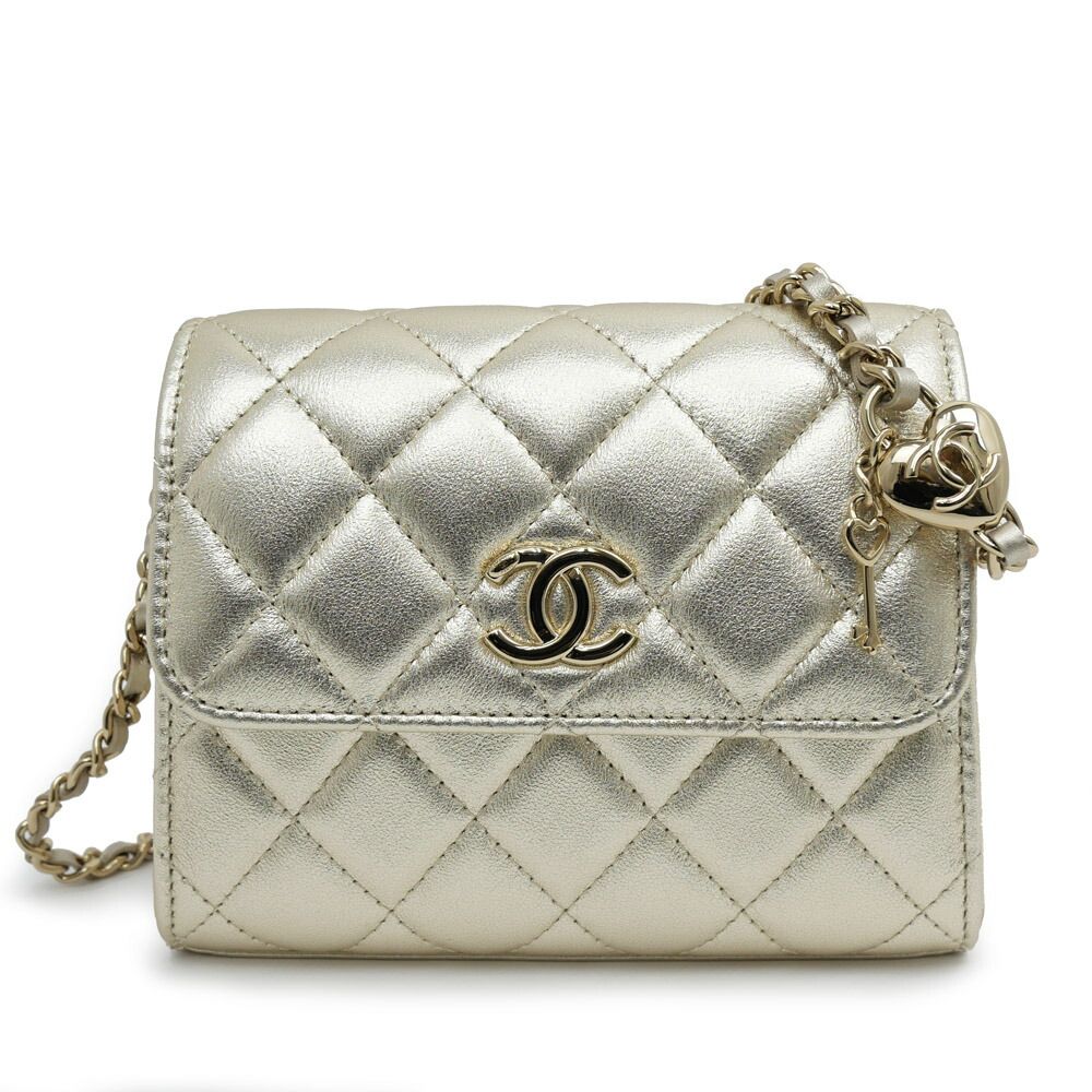 Chanel Quilted Mini Clutch Heart Charm Champagne Gold Chain