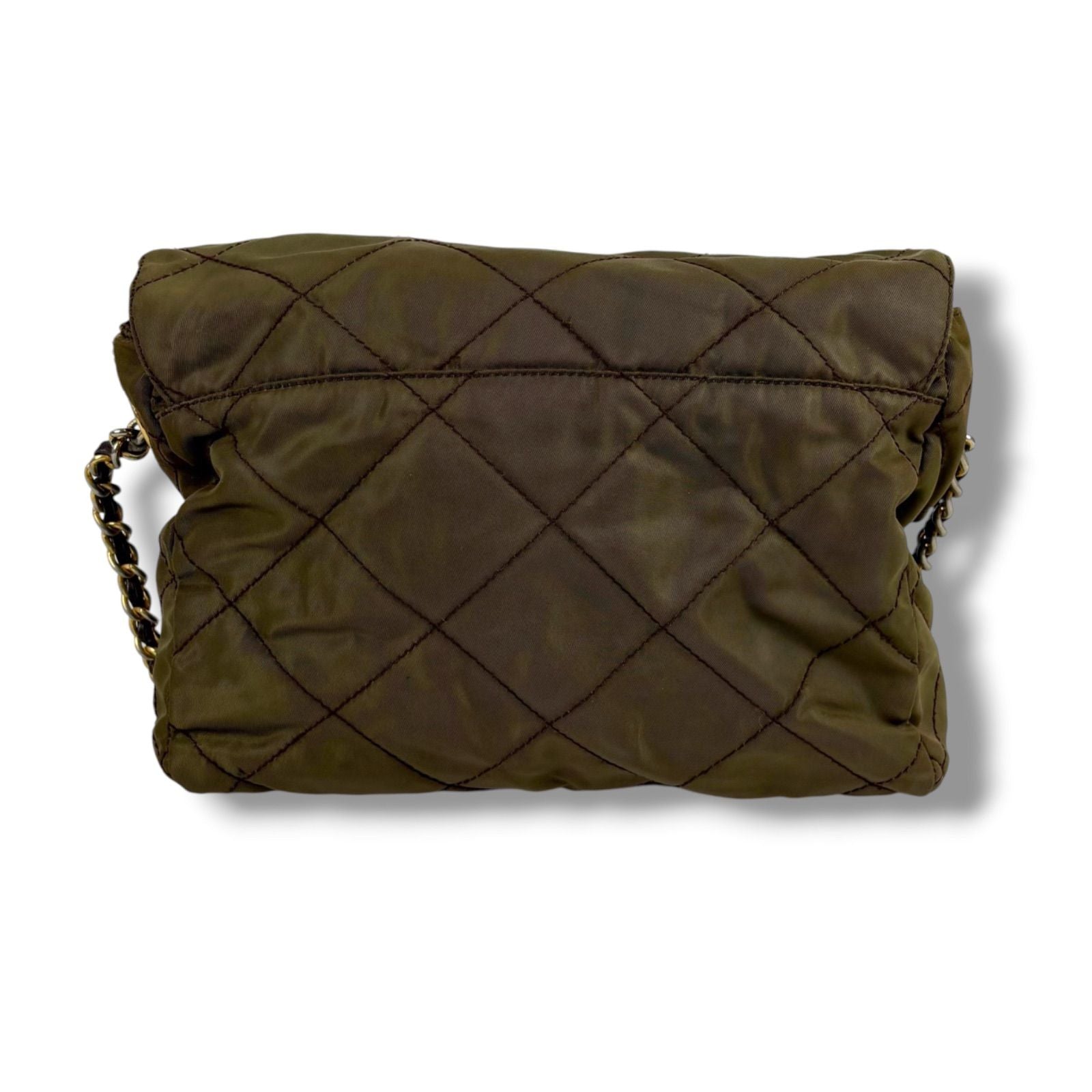 Prada Quilted Processing Triangle Logo Chain Shoulder Bag Pochette Khaki Green — view 4
