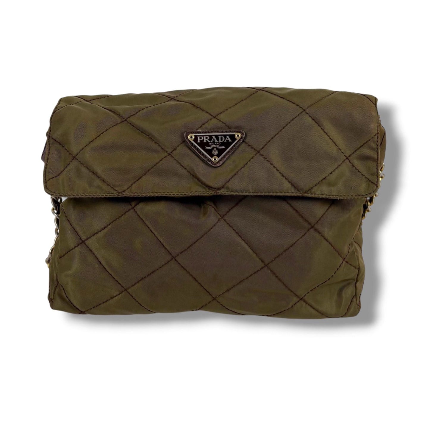 Prada Quilted Processing Triangle Logo Chain Shoulder Bag Pochette Khaki Green — view 3