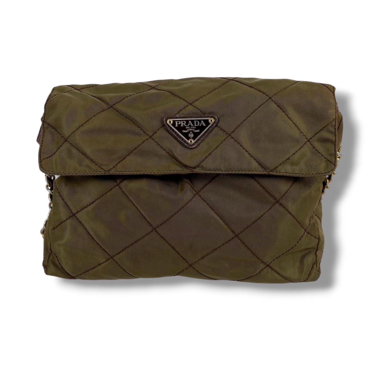 Prada Quilted Processing Triangle Logo Chain Shoulder Bag Pochette Khaki Green — view 3