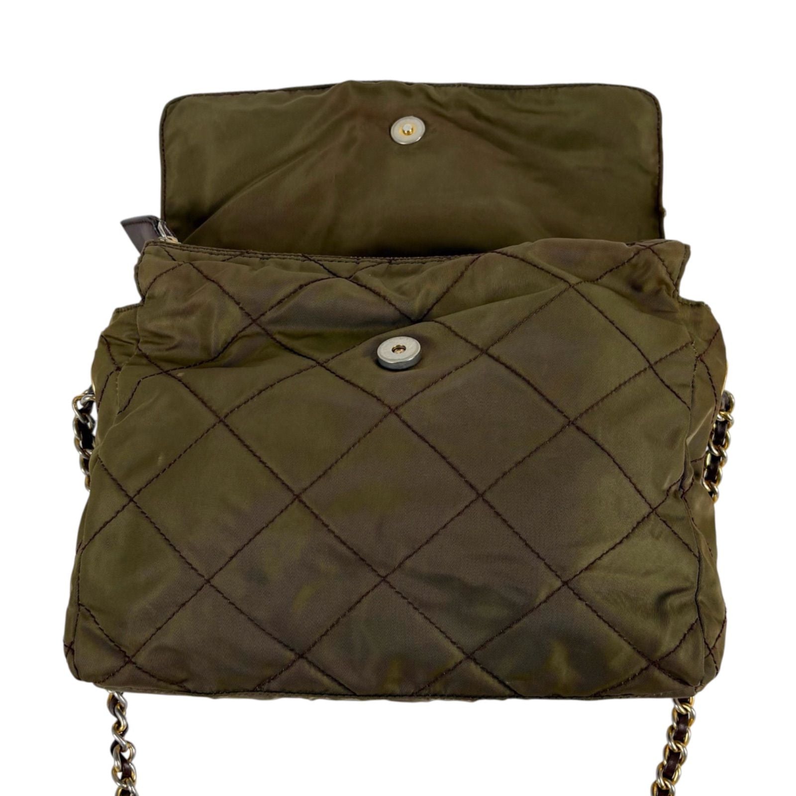 Prada Quilted Processing Triangle Logo Chain Shoulder Bag Pochette Khaki Green — view 5