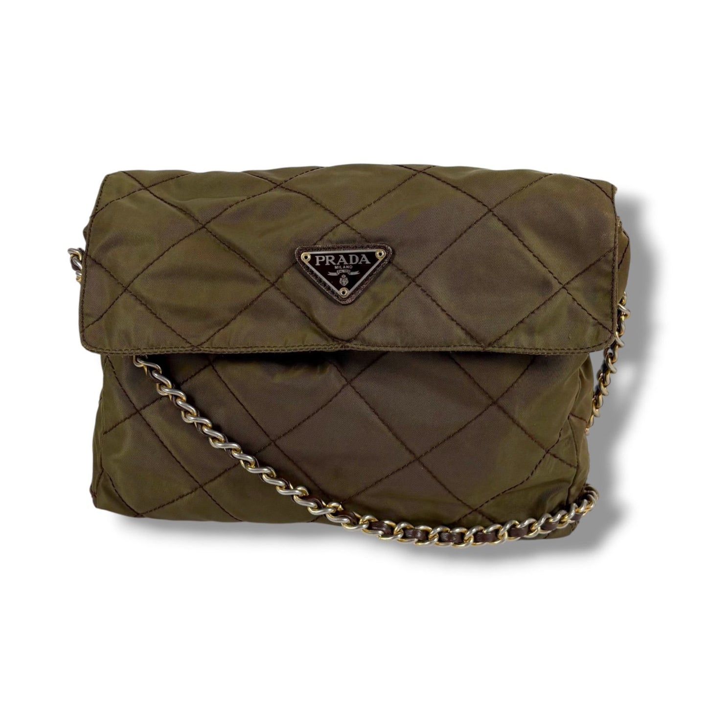 Prada Quilted Processing Triangle Logo Chain Shoulder Bag Pochette Khaki Green