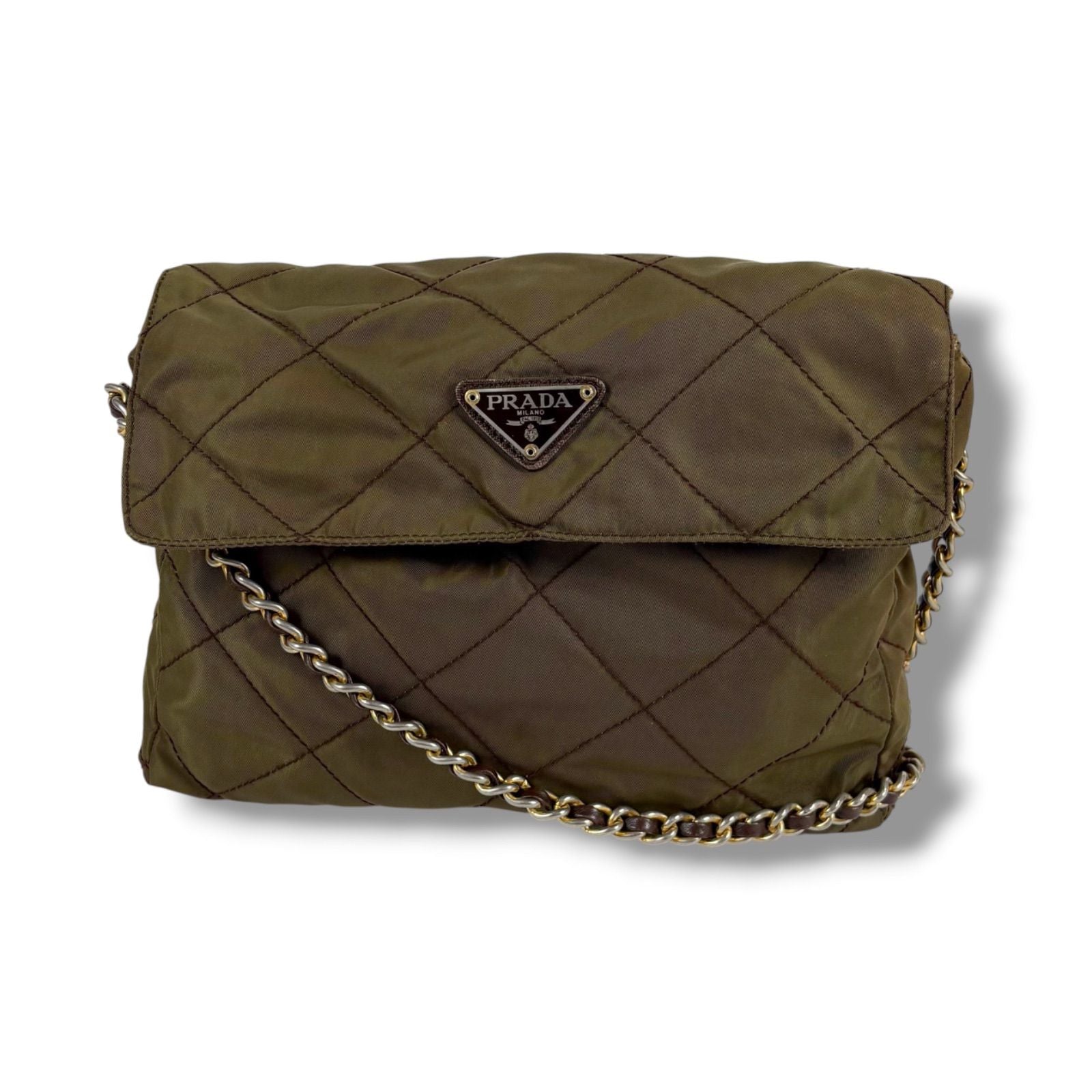 Prada Quilted Processing Triangle Logo Chain Shoulder Bag Pochette Khaki Green