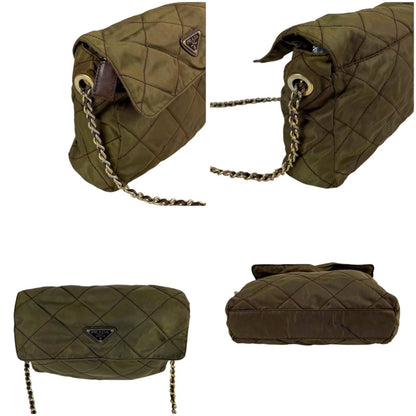 Prada Quilted Processing Triangle Logo Chain Shoulder Bag Pochette Khaki Green — view 6