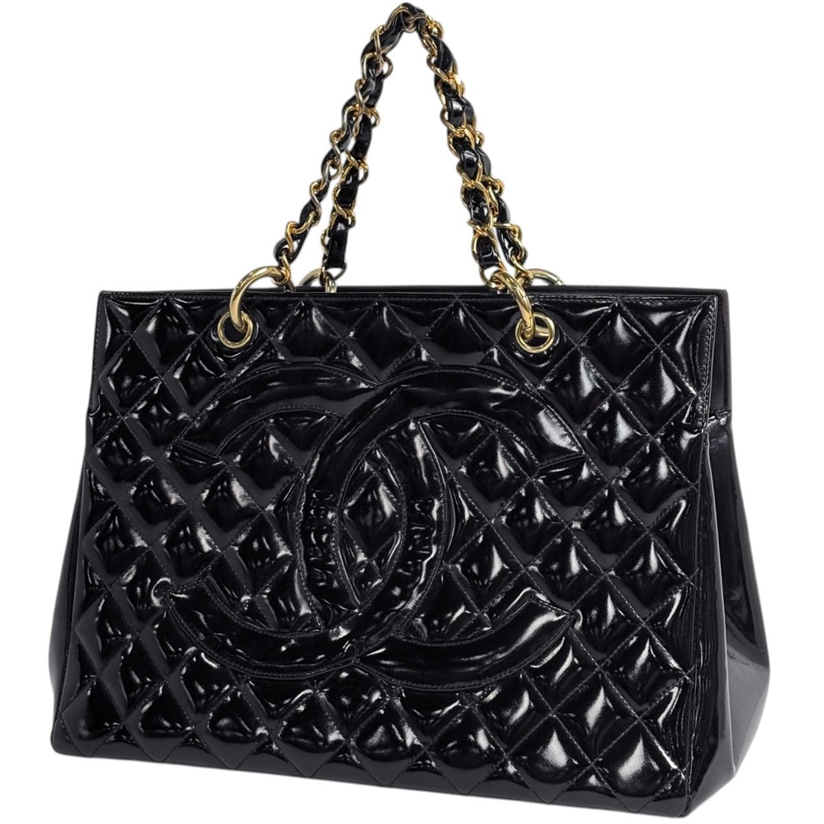 Chanel CC Logo Chain Handbag Quilted Enamel Patent Leather Black