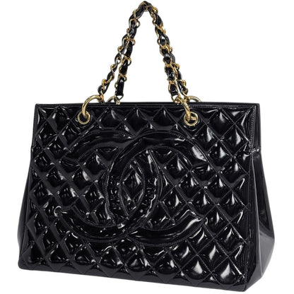 Chanel CC Logo Chain Handbag Quilted Enamel Patent Leather Black