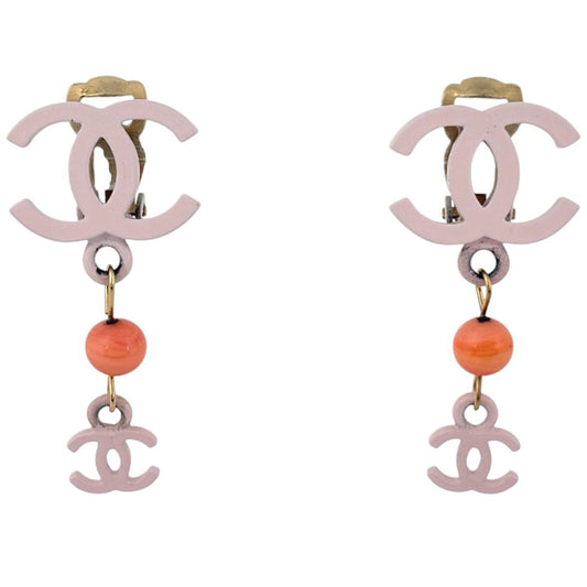 Chanel CC Logo Earrings Swing Gold Plated Pink