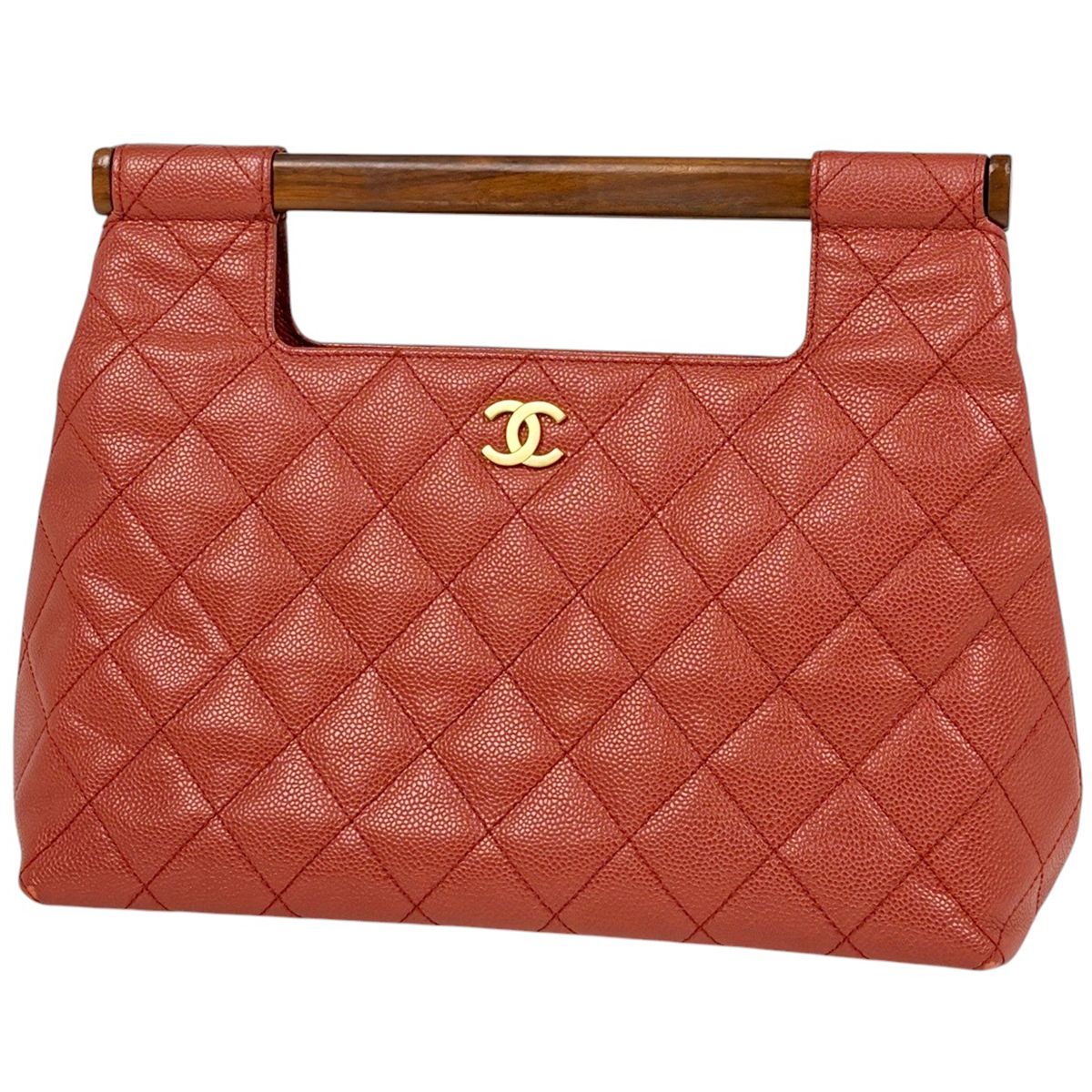 Chanel CC Logo Handbag Quilted Wood Handle Caviar Leather Orange