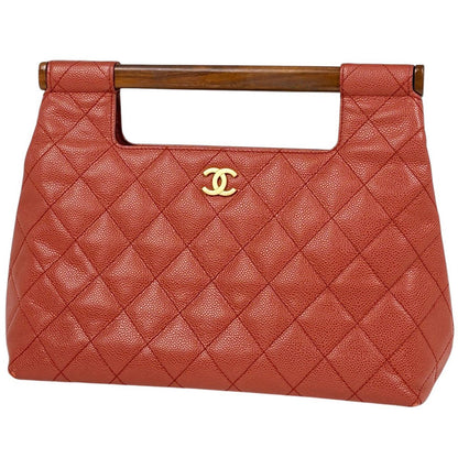 Chanel CC Logo Handbag Quilted Wood Handle Caviar Leather Orange