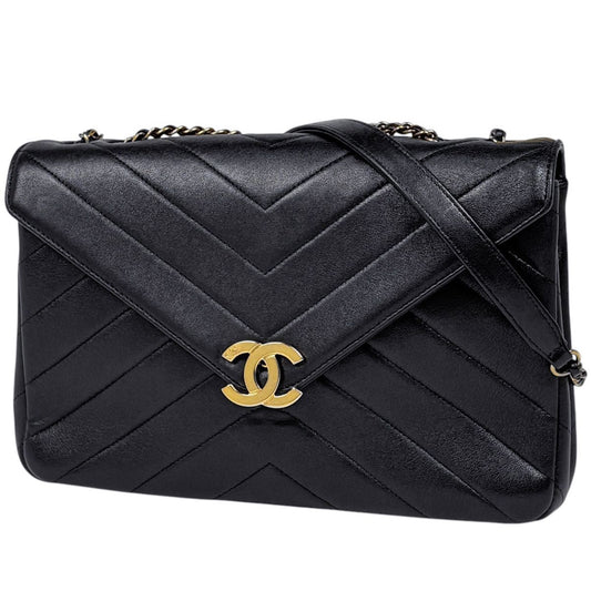 Chanel Stitch Chain Shoulder Bag CC Logo Blanc Leather Black