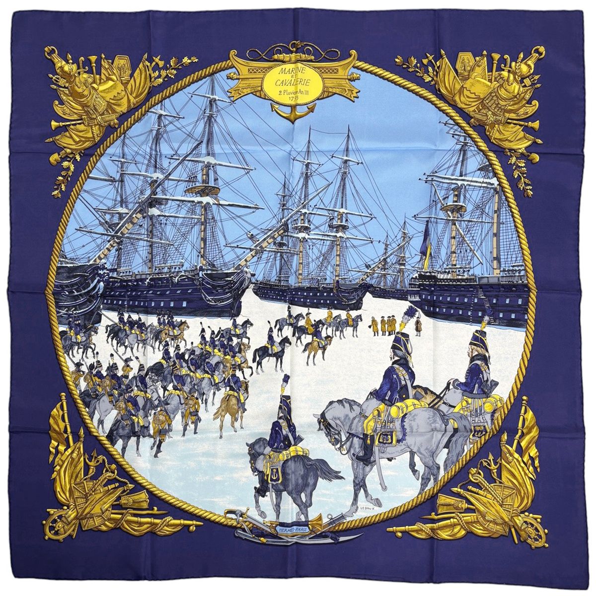 Hermes Carre 90 Marine ET Cavalerie Sea and Cavalry Scarf Silk Navy Multicolor