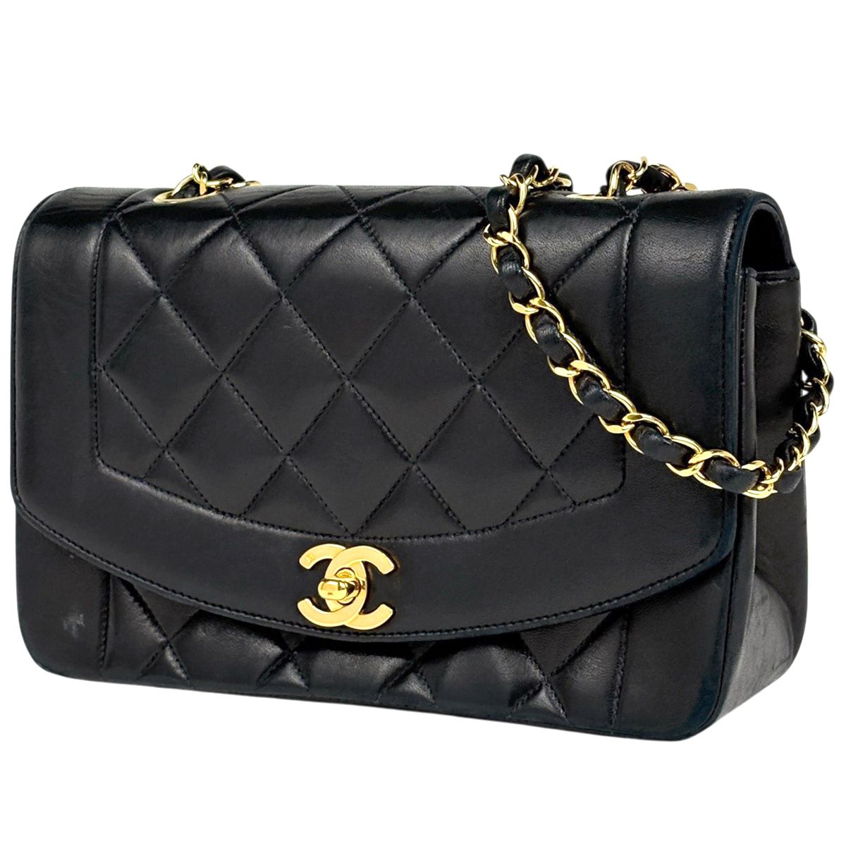 Chanel Diana Quilted Single Flap Chain Shoulder Bag CC Logo Leather Black