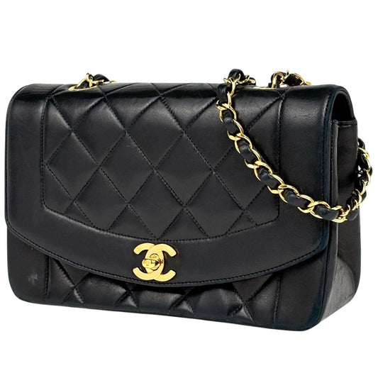 Chanel Diana Quilted Single Flap Chain Shoulder Bag CC Logo Leather Black