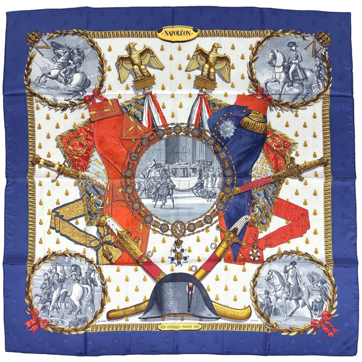 Hermes Carre 90 Napoleon Scarf Silk Navy Red Multicolor