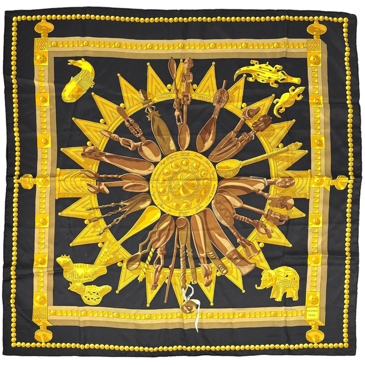 Hermes Carre 90 Cuillers D'afrique African Spoon Scarf Silk Black Yellow