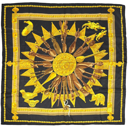 Hermes Carre 90 Cuillers D'afrique African Spoon Scarf Silk Black Yellow